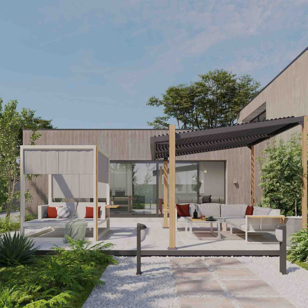 Pérgola de aluminio Odyssea efecto madera Naterial