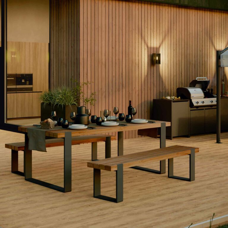 Colección Bermeo set de comedor, mesa y banco de jardín