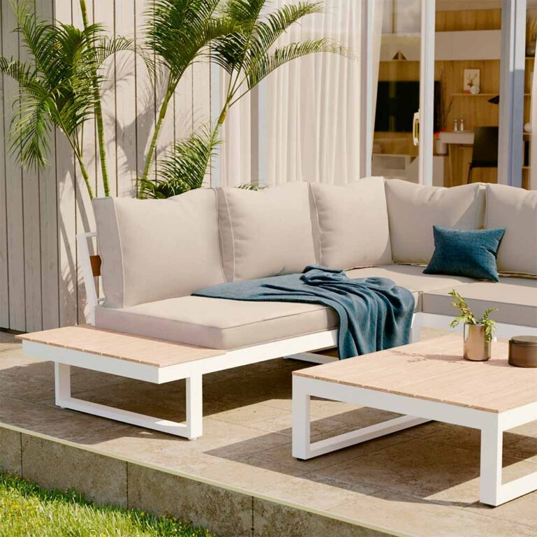 Conjunto de jardín aluminio efecto madera 5 personas blanco Clara