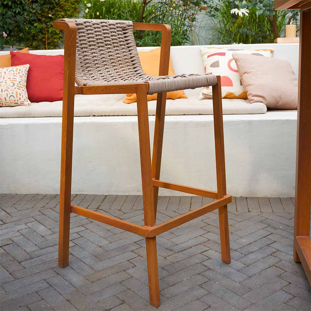 Taburete de jardín alto de aluminio efecto madera mimbre Gaia