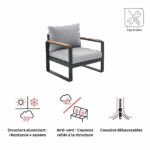 Fauteuil de jardin teck 1 personne aluminium anthracite Persea