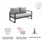 Sofa de jardin 2 personnes teck aluminium anthracite Persea