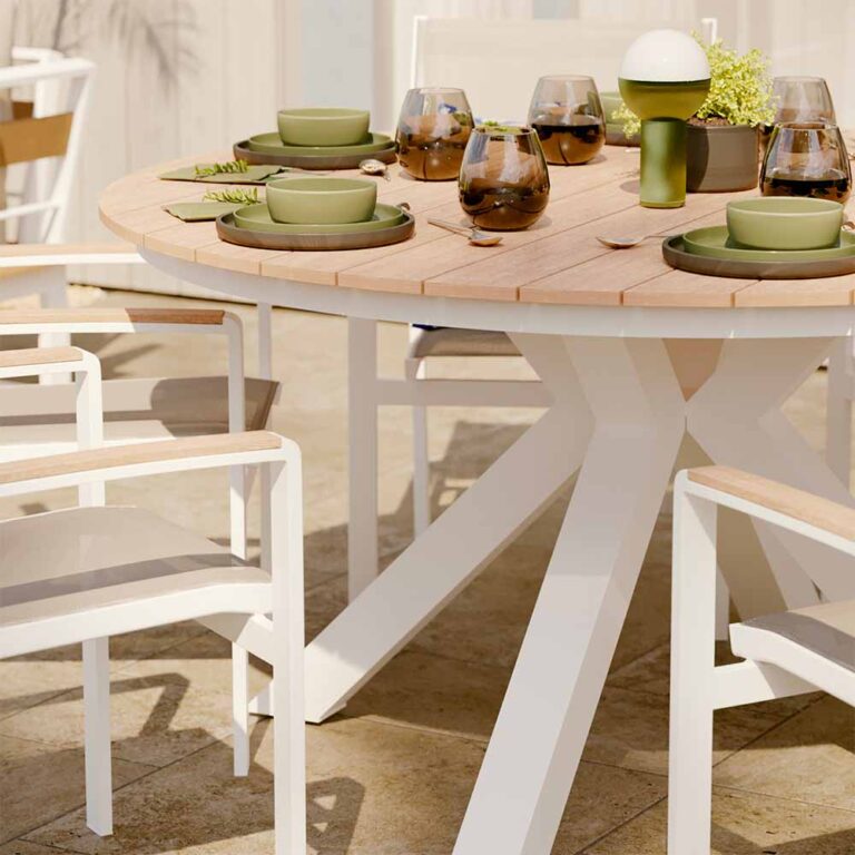 Table de jardin ronde 6 personnes en aluminium effet bois blanc Clara
