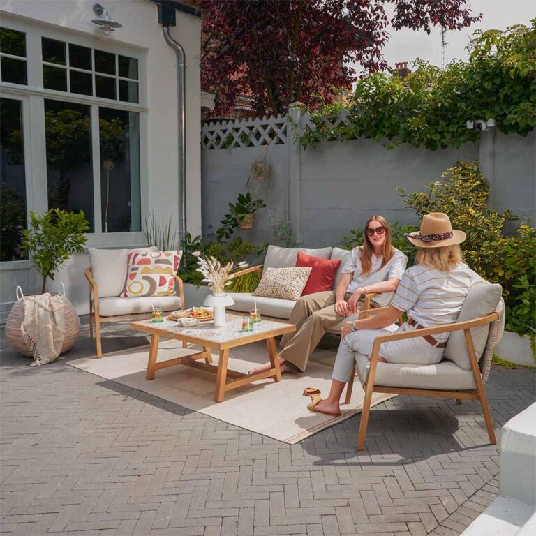 Salon de jardin 4 personnes aluminium effet bois osier céramique Gaia