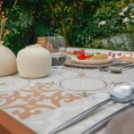 Table de jardin haute 4 personnes céramique aluminium Gaia