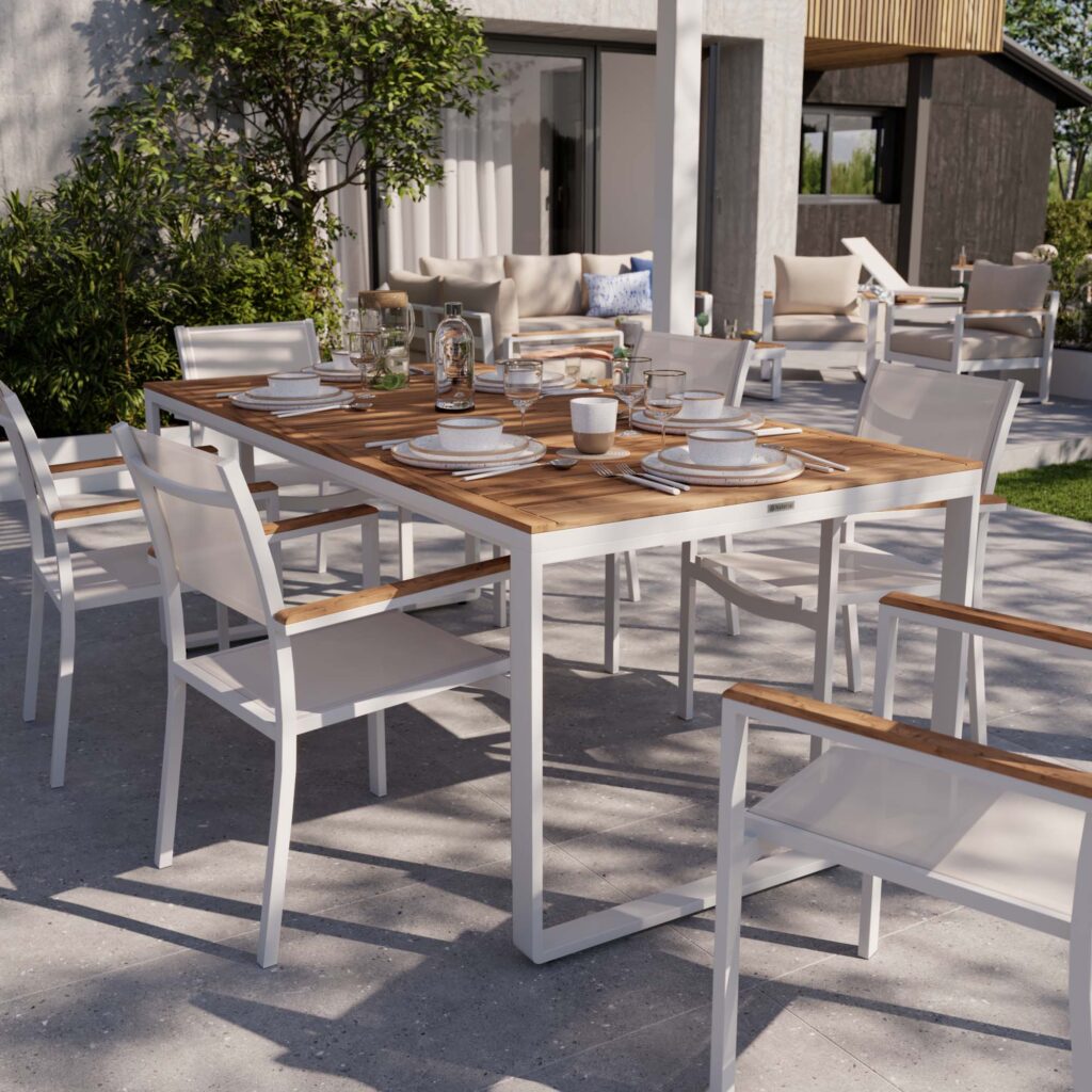 Table de jardin teck fixe 8 personnes aluminium blanc Persea