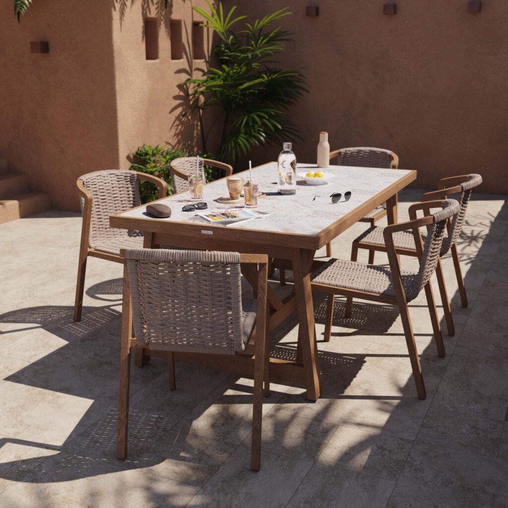 Table de jardin fixe 6 personnes céramique aluminium effet bois Gaia