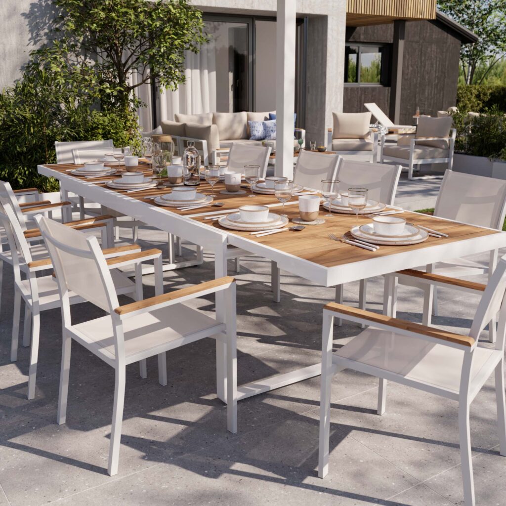 Table de jardin teck extensible 10 personnes aluminium blanc Persea
