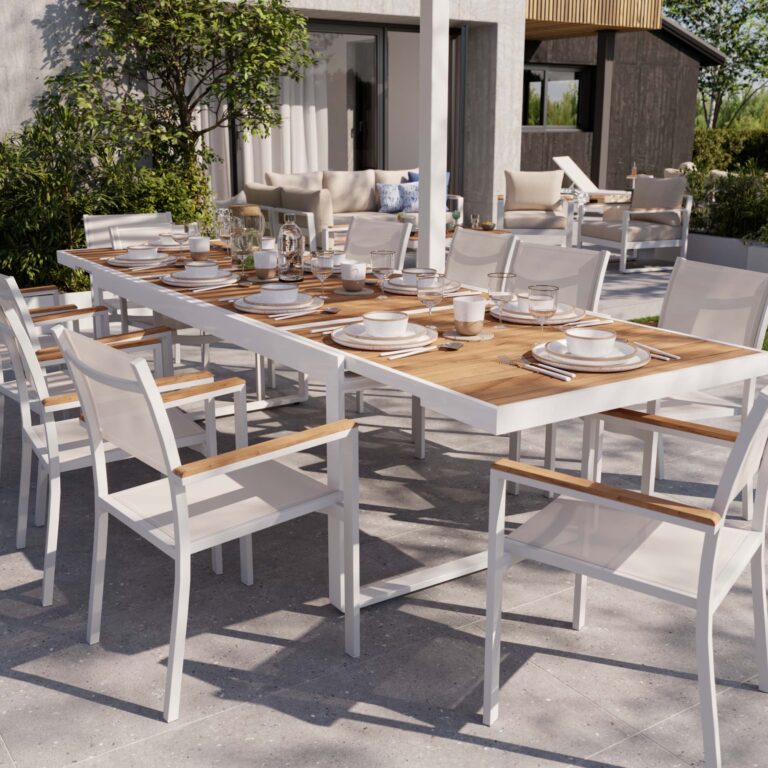 Table de jardin teck extensible 10 personnes aluminium blanc Persea