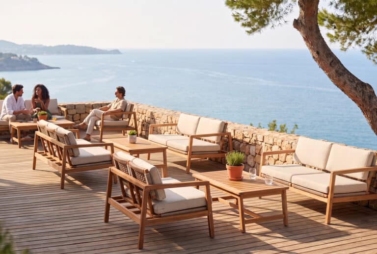 Mobilier en bois sur terrasse avec vue sur la mer en France.