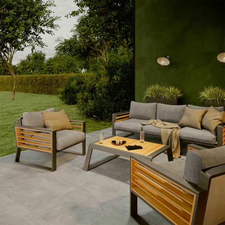 Conjunto jardim 5 pessoas relax sofá, mesa, 2 cadeiras teca cinzento Ionis