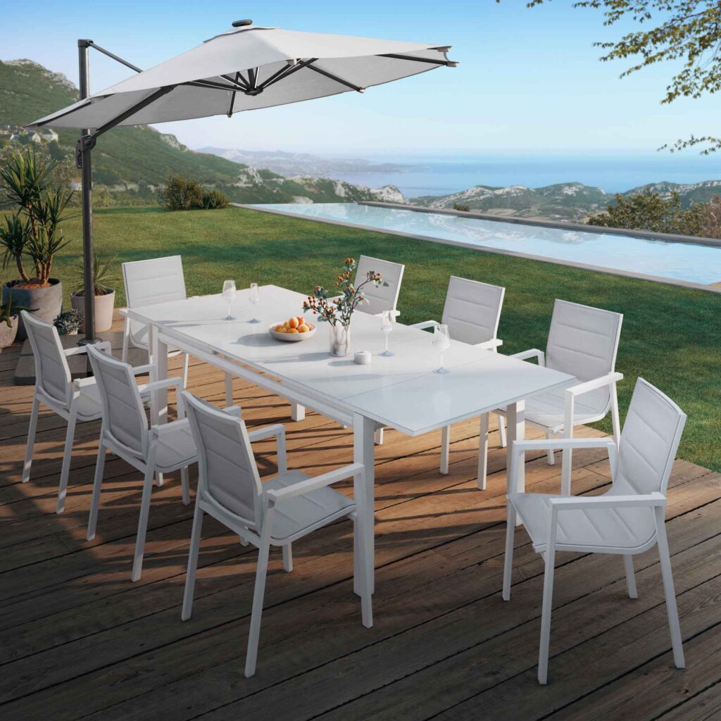 Mesa de jardim extensível para 10 pessoas em alumínio branco e vidro 180/240x100cm Odyssea II
