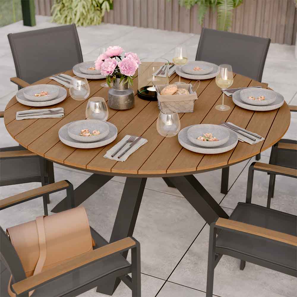 Round dining table aluminum wood effect Clara 6 seaters