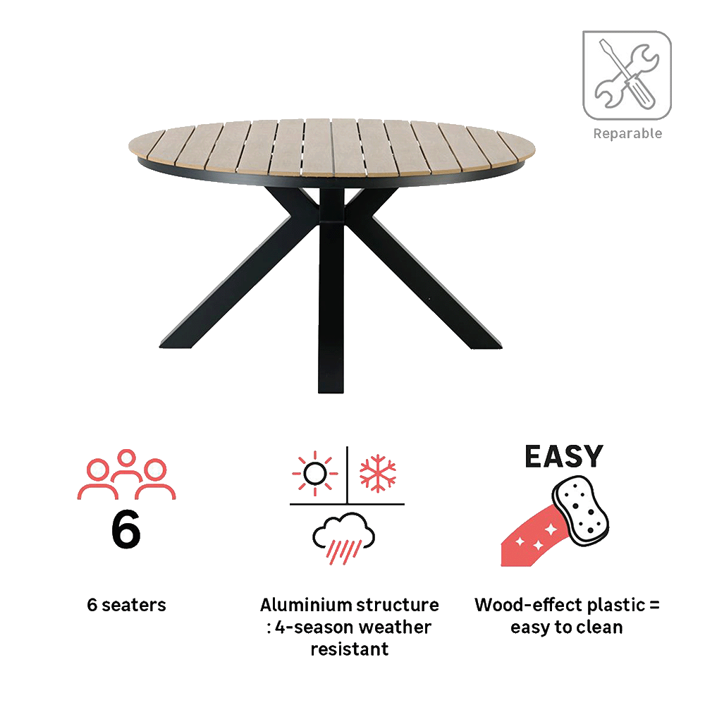 Round dining table aluminum wood effect Clara 6 seaters