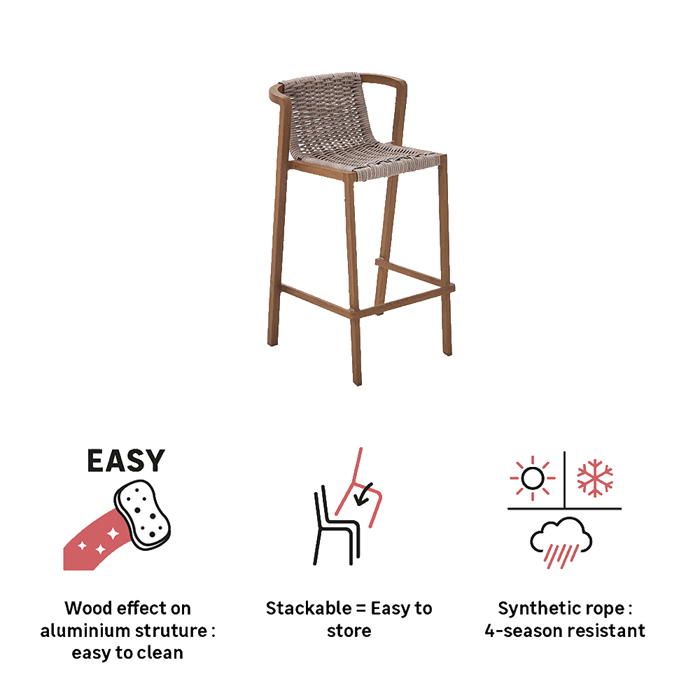 High dining stool aluminum wicker wood effect Gaia