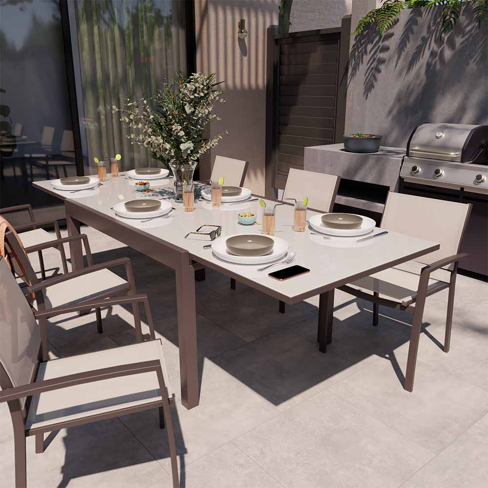 Dining table extendable aluminum and glass 10 seaters mocha Lyra