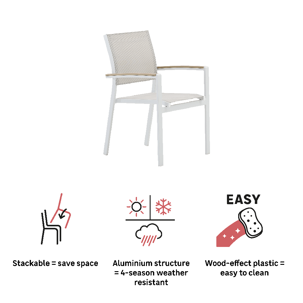 Dining armchair aluminum & wood effect white Clara