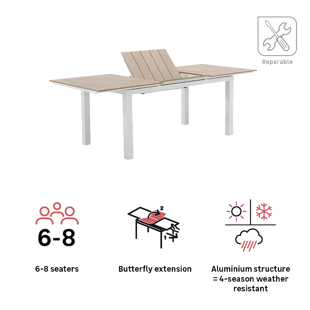 Dining table extendable white aluminum & wood effect Clara