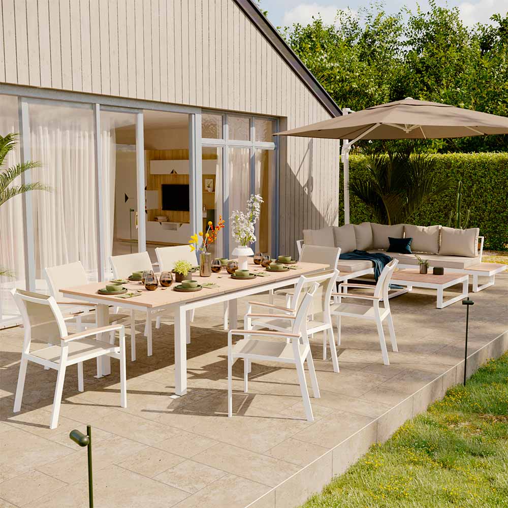 Coffee set aluminum & wood effect 5 seaters white Clara Dining table extendable white aluminum & wood effect Clara