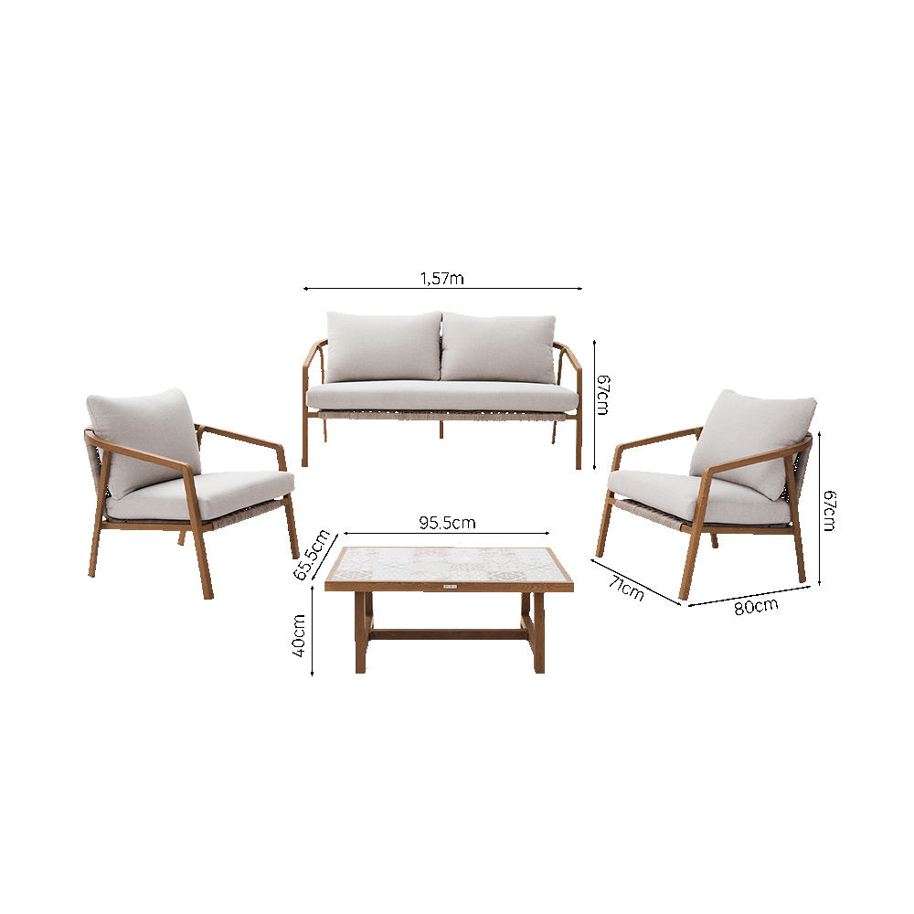 Coffee set aluminum 4 seaters wicker wood effect Gaia