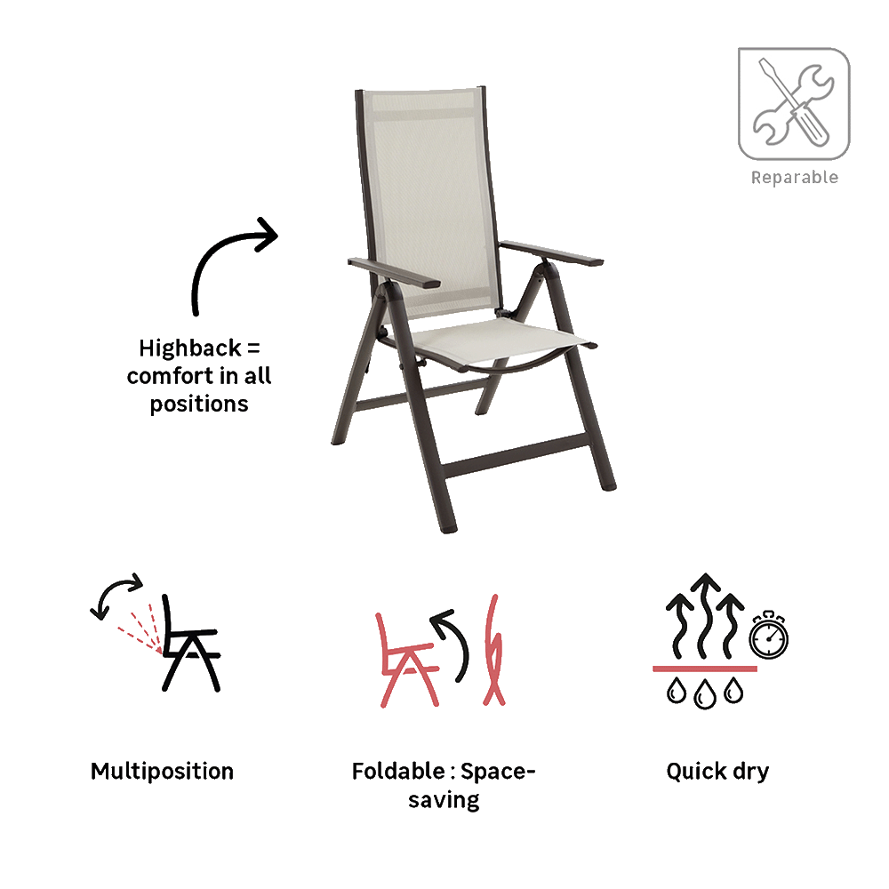 Set of 2 armchairs multiposition aluminum & textilene mocha Odyssea II