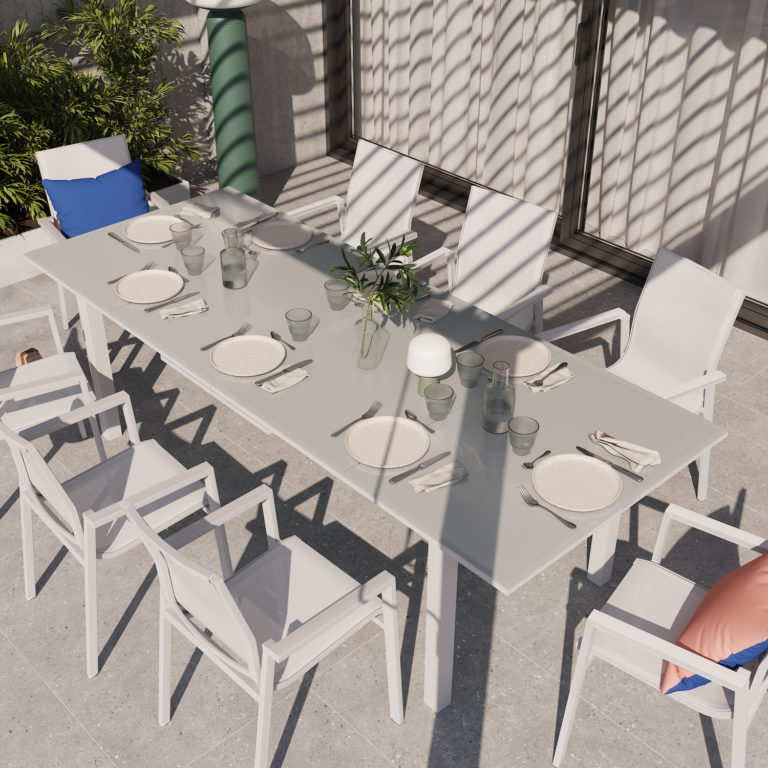 Extendable garden table aluminum and glass Odyssea 12-seater, white