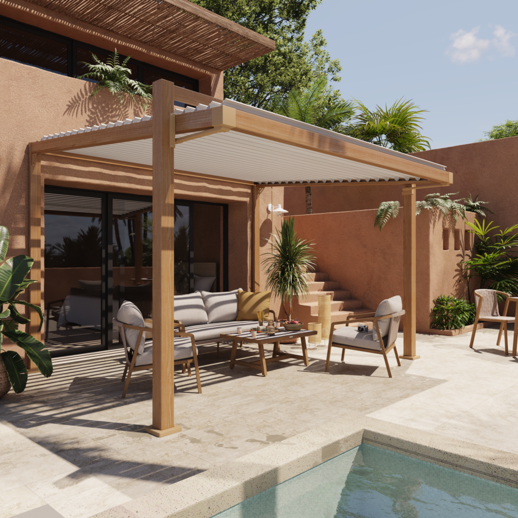 Leaning bioclimatic pergola aluminum wood effect Clima Odyssea 319x380.5, brown